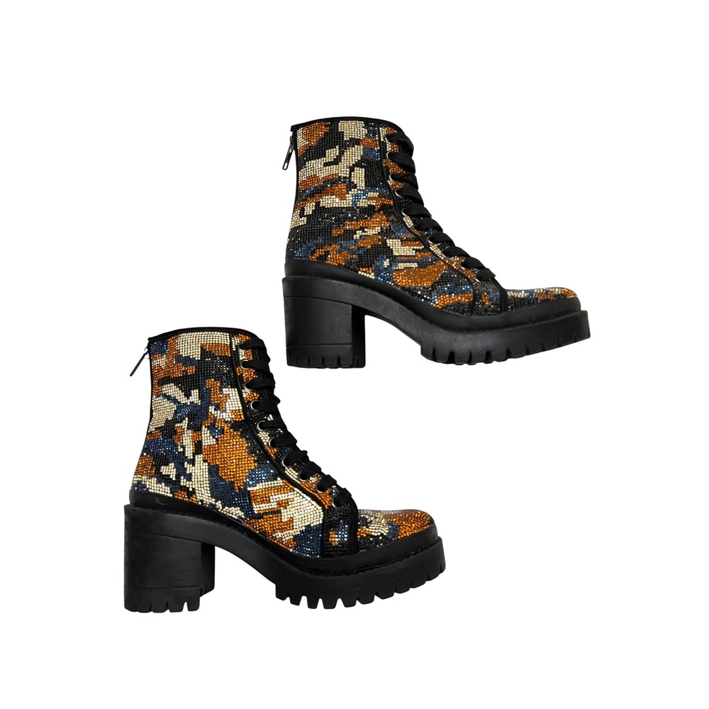 Steve Madden Camo Rhinestone Chunky Platform Statement Combat Boots Women's 8M